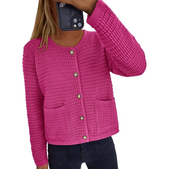 Women's Knit Cardigan Sweater – Chunky Button Down Open Front Jacket Pink Large - Picture 3 of 8